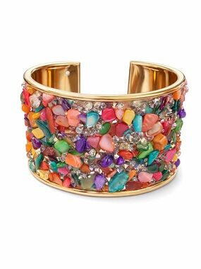 Statement Multicolor Stone Chip Cuff Bracelet Gold Tone Wide Open Cuff Sparkle